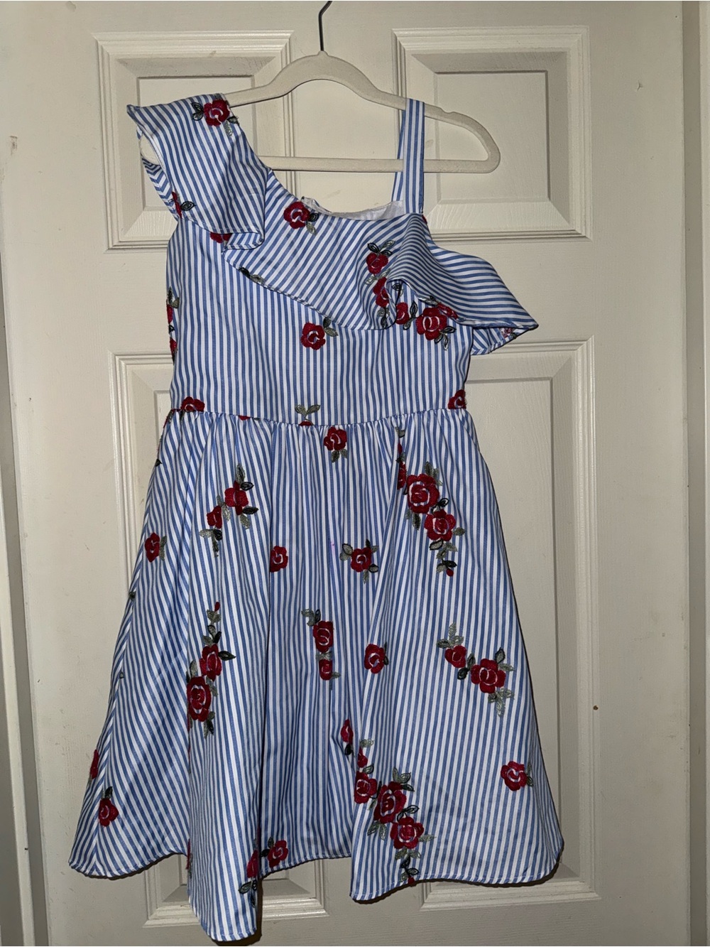 Blue & White Striped One-Shoulder Floral Girls' Dress
